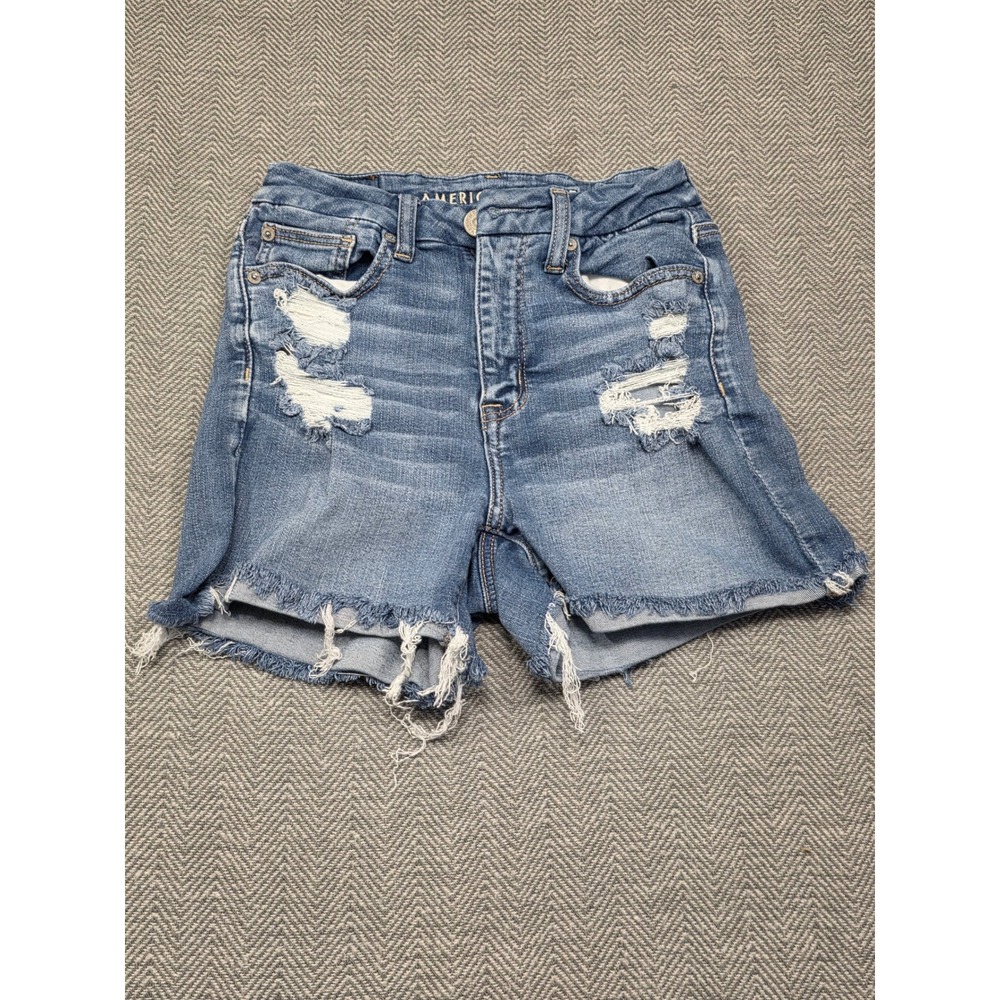 American Eagle Next Level Stretch Distressed Denim Shorts Blue Size 2 Raw‎ Hem